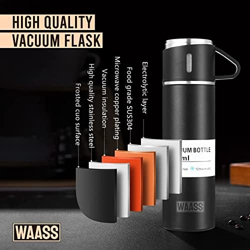 Подаръчен комплект термосов WAASS с вакуумна изолация - Пътна фляжка за гореща и студена вода с капак - идеални за горещо кафе и чай - Подаръчен комплект за вода с фляжк