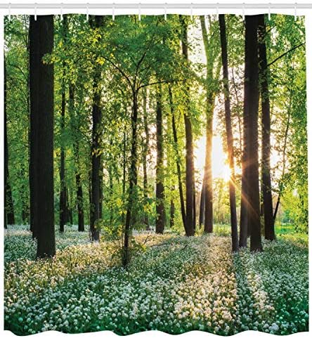 Завеса за душ Ambesonne Forest, Слънчев Гора с Див Чесън, Възхитителни Диви Цветя, Цъфтящи Пейзаж, Текстилен Комплект