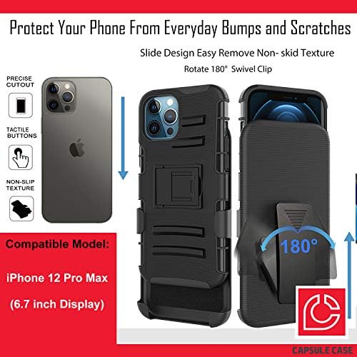 Калъф Ohiya е Съвместим с iPhone 12 Pro Max [Защита от военен клас, Ударопрочная сверхпрочная кобур-стойка, Защитен черен