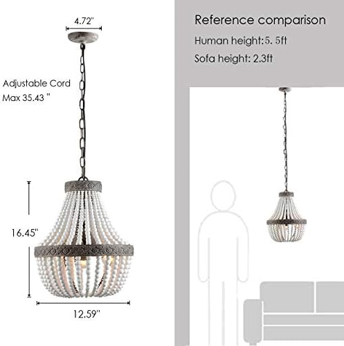 VILUXY 3-Light Bohemia Дървена Полилей от Мъниста, Старинен Медальон Лампа в Селски Стил, Бяла повърхност за Спалнята,