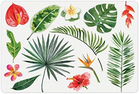 Подложка за домашни любимци Ambesonne Aloha за храна и вода, Набор от Тропически растения, Цветя и Листа с Елементи на