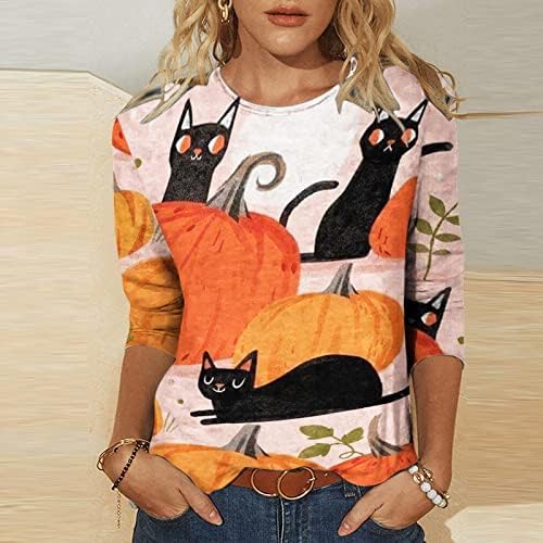 Върховете на Хелоуин за жени, Дамски Модни Свободна Тениска с Принтом, Блуза, със средна дължина, с 3/4 ръкави, Ежедневни