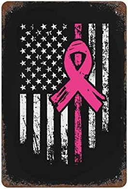 Стенен Знак Рак на млечната жлеза е Тънка Розова Линия Американски Флаг Розови Панделки Алуминиев Знак, 12 x 16 Рак на