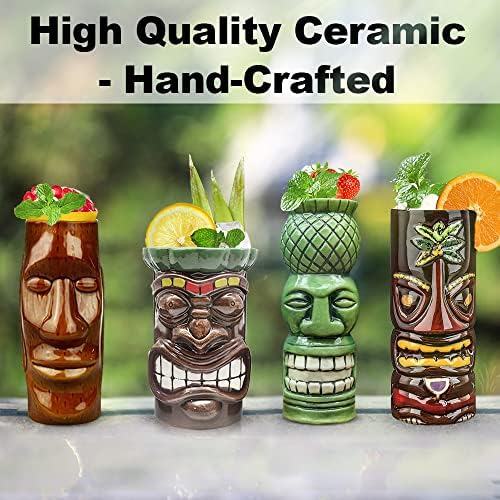 Комплект чаши Tiki от 4 Керамични Хавайски Steins за Партита, Посуда за напитки, Бар Чаши Tiki за Коктейли, Специални