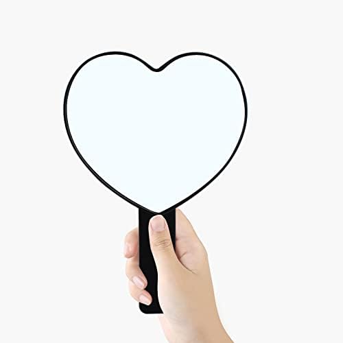 Ръчно огледало за пътуване TBWHL във формата на сърце, Козметично Ръчно огледало с дръжка (Черно, 1 опаковка)
