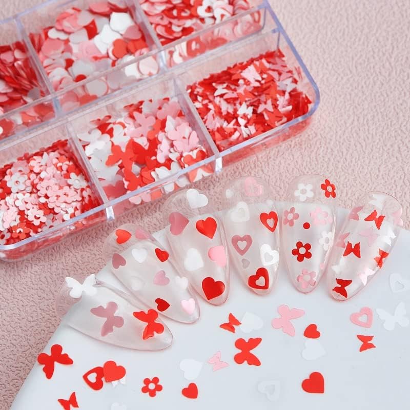 1 Комплект 3D розови нокти-артов под формата на Влюбени Сърца, Блестящи пайетки, висулки, във формата на цветя-пеперуди,