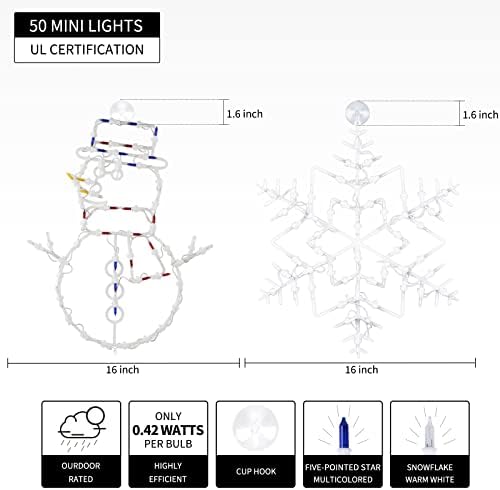 Коледни Светлини-Силуети на прозорците, за Декорация, Опаковки от 2-те Светещи Снежинки и Снежни Човечета, Коледни Светлини
