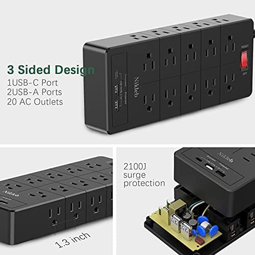 Power Strip 2 Опаковки, Мрежов филтър, Удължител за Контакти, Монтиране на стена с USB Портове, Пълнители дължина от