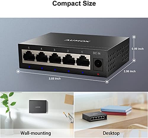 5-Портов Gigabit мрежов комутатор Aumox, Неуправляван Ethernet Switch, Офис Ethernet-Сплитер, Щепсела и да играе, Метален