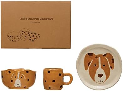 Детска Керамични съдове Creative Co-Op с Боядисани Кученца Комплект от 3 теми, Комплект чинии, Мулти