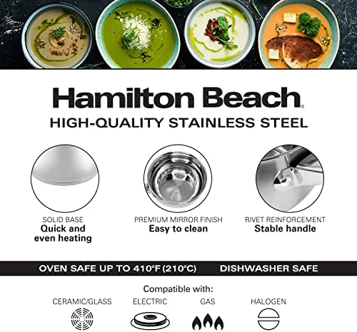 Тиган за сос Hamilton Beach Неръждаема Стомана, на 2 Литра със Стъклен капак, Ергономична Дръжка, Универсален Тиган за