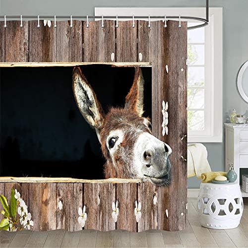 Завеса за душ с Забавен Donkey за баня, Селскостопанско животно-Едър Рогат Добитък, с Цвете на Пролетта в село дървена