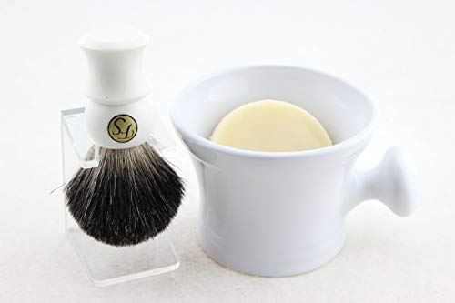 Мъжки комплект за бръснене Frank shaving, 3 предмет, бяла керамична чаша и черна четка за коса badger, безплатна стойка