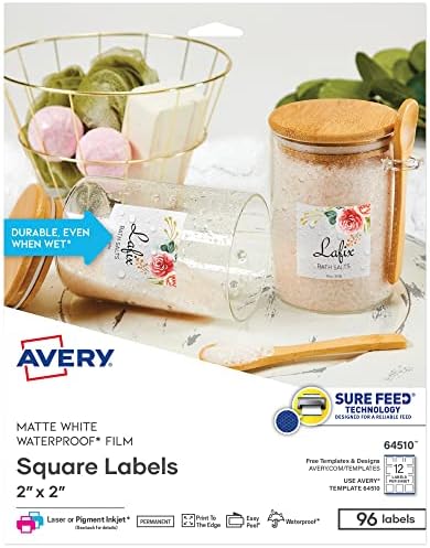 Трайни Маслоустойчив Водоустойчива етикети Avery® за печат до ръбовете с технологията Sure Feed®, 64510, 2 x 2, Бял,