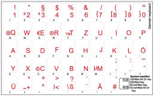 Стикер на немската клавиатура 4Keyboard с ЧЕРВЕН Надпис ВЪРХУ Прозрачен Фон за Настолни компютри, лаптопи и Тетрадки
