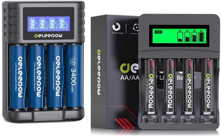 Акумулаторни батерии Deleepow AA с Капацитет 3400 МВтч, литиеви батерии тип AA с капацитет 1,5 В, 4 отделения със зарядно