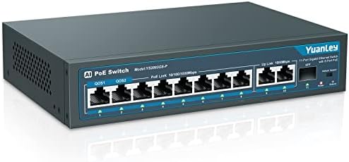 На 8-port gigabit switch PoE YuanLey с 2 Гигабитными възходящи канали, 8 PoE + порта 1000 Mbit/s, 1 SFP-пристанище, 120 W 802.3 af/at, метал, Qos, Неуправляван Ethernet switch с интелигентен откриване на AI Plug and
