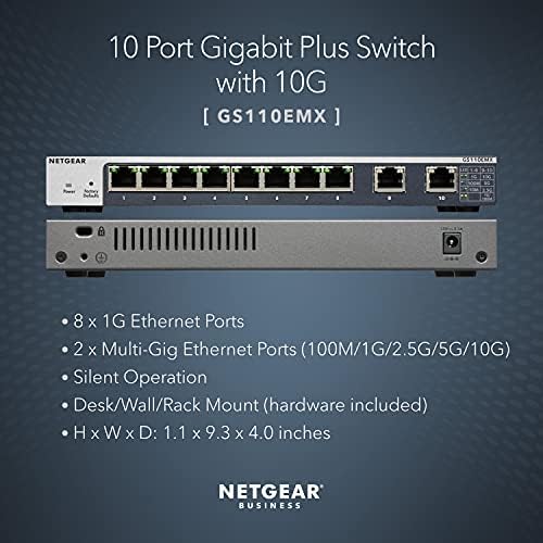 Unmanaged switch NETGEAR с 10 порта Gigabit/10G Ethernet (GS110MX) - с подкрепата на 8 x 1G, 2 x 10G /Multi-концертен,
