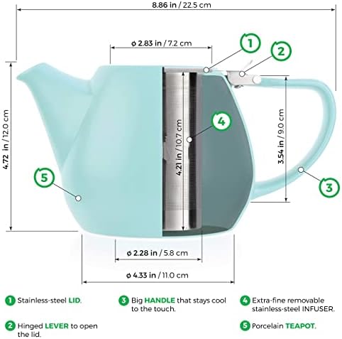 Голям чайника Tealyra - Jove Porcelain Тюркоаз - 34,0 унция (3-4 чаши) - Японски производство - Капак от неръждаема стомана