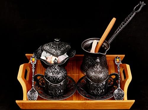 Сервировочный комплект за турско кафе Еспресо Kuchengerate Античния Черно - 8 бр. - с 2 чаши, 1 Бамбуковым тава, удобства
