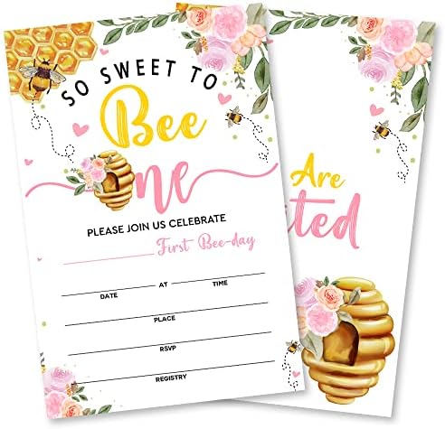 Грейс Йонкс Така мила За Bee One Party Покана на 1-ви рожден ден на Bee-Day, 20 Покани и пликове, Покани за парти в чест