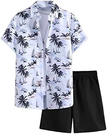 Мъжки Хавайска Риза Cozyease и Къси Комплекти Дрехи от 2 теми, Ежедневни Плажна Риза с Къс Ръкав и Цветен Модел на Копчета,