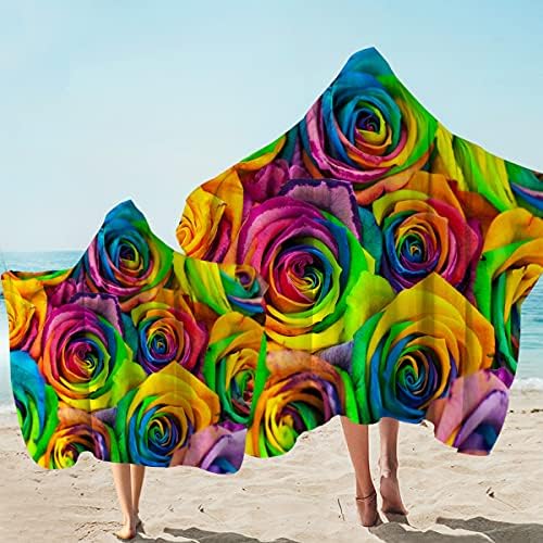 Плажна хавлия с качулка Sleepwish 3D Rainbow Rose Flowers за Момичета, Дамско Пончо с качулка за Баня/Басейна/Плажа,