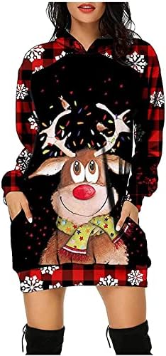 NOKMOPO Коледна Рокля за Жените, Модерен Случайни Пуловер с Дълги ръкави и Коледните Принтом, Рокля с Качулка, Топ, Рокля