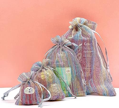 TheDisplayGuys - Подаръчни торбички от органза в ивица от 24 опаковки с завязками - Малки от 3 x 4 - Преливащи се цветове,