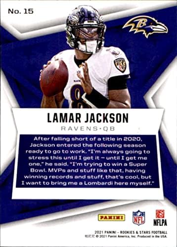 2021 Начинаещи и звезда на 15 Ламар Джаксън Балтимор Рейвънс Панини Търговска картичка футбол NFL
