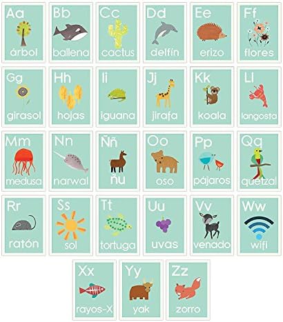 Картички с испански Азбука Размер 08x10 Инча, Синята Природа, Рисунки по стените за деца, Интериор на детската, Интериор