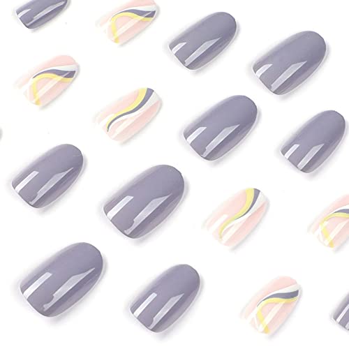 24 бр Сив Натиснете върху ноктите Къси, са бадем форми на Въздушната Нокти с Овална форма Лъскавите Къси Режийни Ноктите