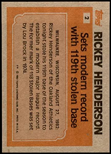 1983 Рекорд Topps # 2 Рики Хендерсън Оукланд Атлетикс (бейзболна картичка) NM / MT Атлетикс