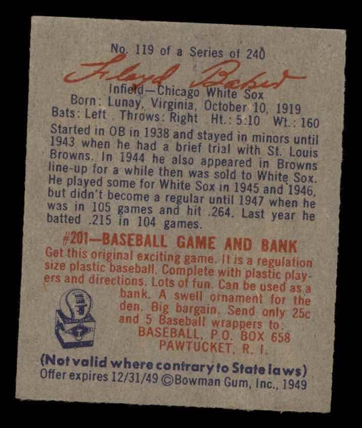 1949 Боуман # 119 Флойд Бейкър Чикаго Уайт Сокс (Бейзболна картичка), БИВШ играч на Уайт Сокс