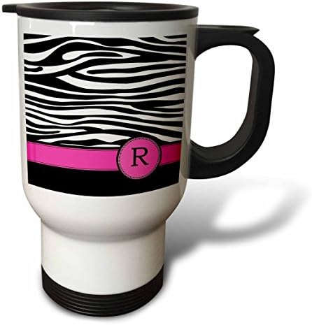 3dRose Пътна Чаша с черно-бели Монограм с буквата R в формата на Зебра в Ивица и на Животните Принтом с ярко Розова Персонализирани