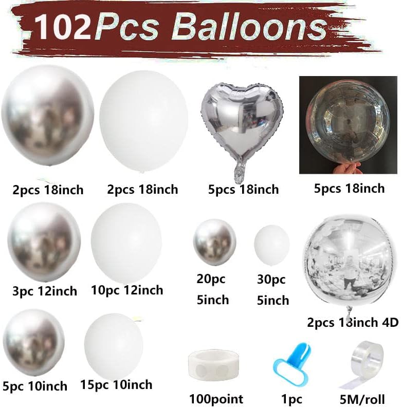 Комплект бели и сребърни Гирлянди от балони - 102 бр. - за Кръщение, Сватба, Церемония Кръщение, Годеж, детска душа,