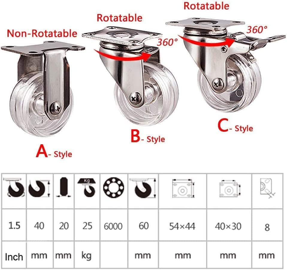 Въртящи се колела 40 мм Мебельное колелото X4, Натоварване 75 кг, Скоба от Неръждаема Стомана, Прозрачни Завъртане на