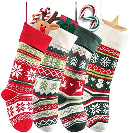 Brainfella Плета Коледни Чорапи, 4 Опаковки 22 Инч(И)И) Снежинка Елен Снежен човек Персонализирани Кабел Плета Чорапи