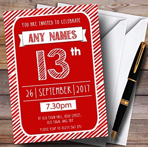 Пощенска картичка Zoo Red & White Stripy Deco 13th Персонални Покани на парти в чест на рождения Ден