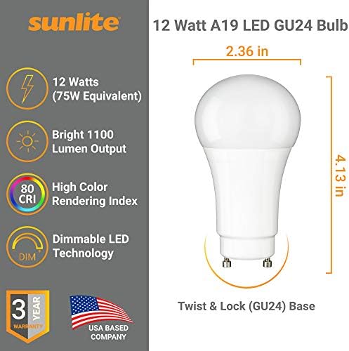 Крушка Sunlite 88256 LED A19 мощност 12 W (еквивалент на 75 W) 1100 Лумена, основа със завъртане и фиксиране GU24, с