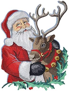 Beyond Vision Празнична Коледна нашивка с бродерия на Дядо Коледа и Северен елен желязо [6,85 w X 8,73]