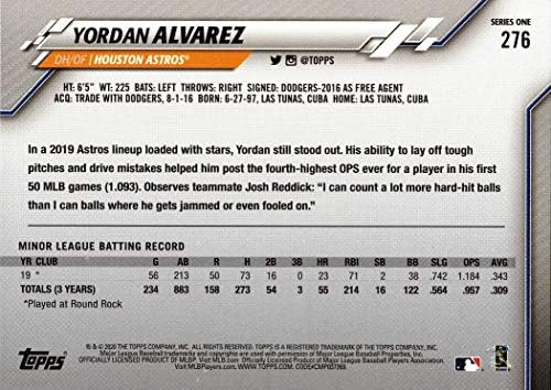 Карта начинаещ Topps Baseball №276 2020 г. Йордан Álvarez - 1-ва Официалната картичка начинаещ