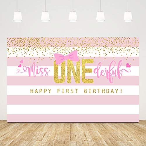 5x3 фута Фон за Първия Рожден Ден Момичета Мис Onederful Банер за парти по случай 1-ви Рожден Ден в Розова Ивица и Златни