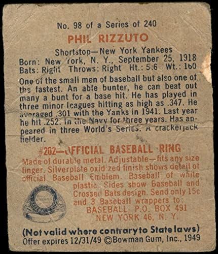 1949 Боуман 98 NNF Фил Риццуто Ню Йорк Янкис (Бейзболна картичка) (Без името на предната страна) АВТЕНТИЧНИ Янкис