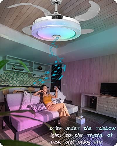 Вентилатор на тавана NUTCRUST Bluetooth подсветка и високоговорител, Прибиращ се вентилатор на Тавана-Полилей с дистанционно
