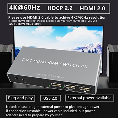 Превключвател KVM с 2 порта, на клавиш на клавиатурата може да се изключи, USB HDMI 4K @ 60 hz Превключвател за 2 компютъра