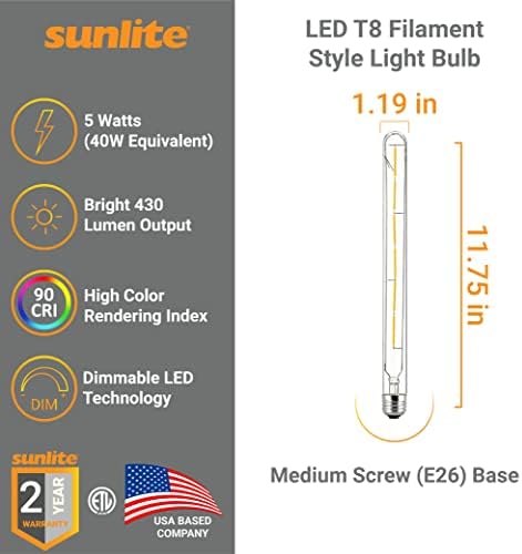 Тръбна лампа с нажежаема жичка Sunlite 40236 Т8 LED, 5 W (еквивалент на 40 Вата), 430 Лумена, Средна база E26, с регулируема