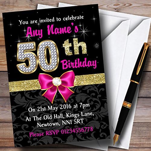 Персонални Покани на Парти по случай 50-годишнината на Розово, Черно, златисто и Бриллиантового цветове
