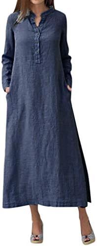 Лененото рокля ZEFOTIM за жени 2023, Ежедневното Обличам Копчета и Дълъг Ръкав, Свободно Приталенное Макси Рокля с Джобове