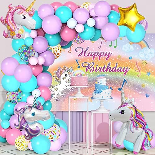 Еднорог рожден ден украса за момичета, 112 бр Еднорог парти декорация балони венец засводени комплект рожден ден на фона